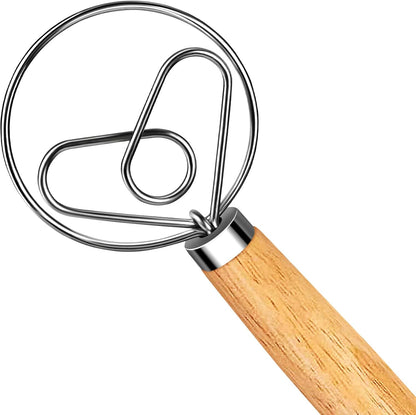 Hand Whisk Stainless Steel Dough Hook Dutch Whisk for Sourdough Bread Dough Mixer Hand Wooden Handle Kitchen Whisking Mixing Tool Bread Making Tools (1 eye)