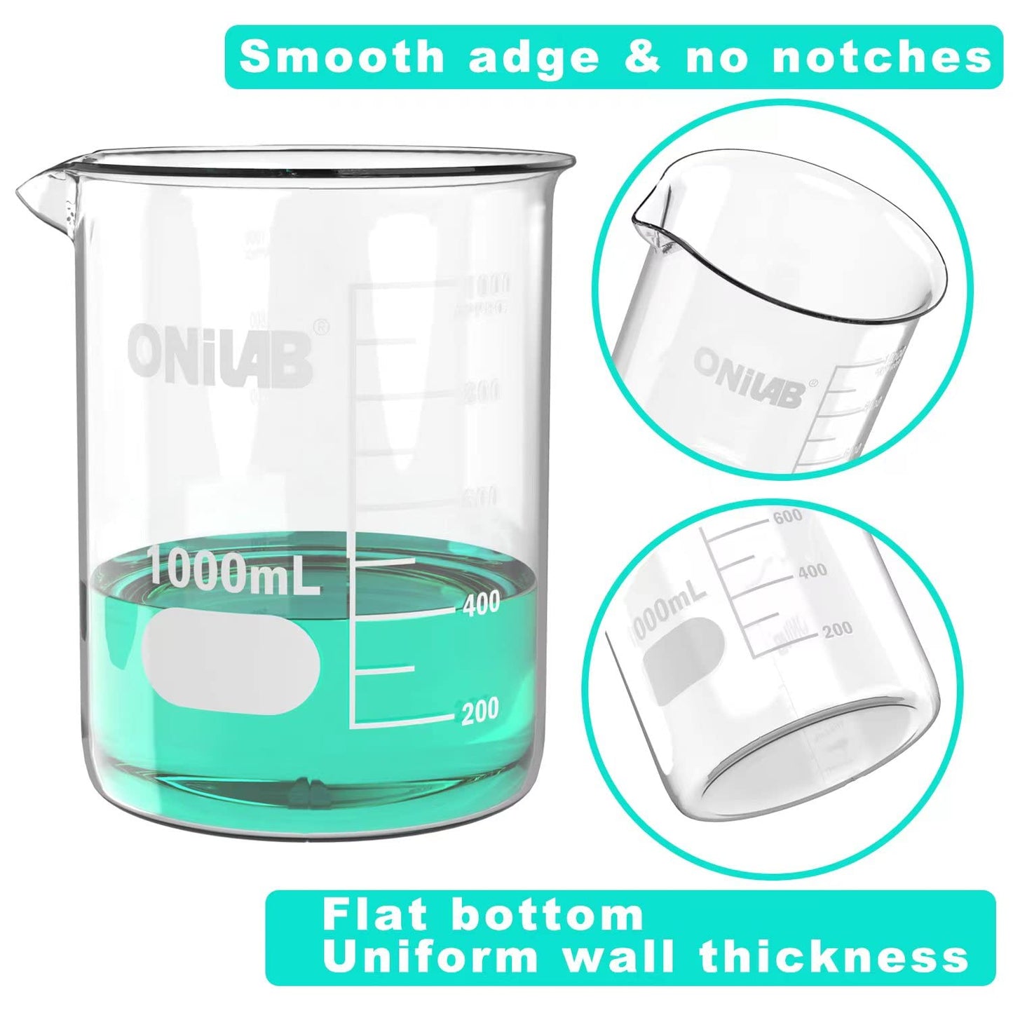ONiLAB Glass Measuring Beaker Set 50ml 100ml 250ml (Pack of 3) 3.3 Boro Griffin Low Form with Printed Graduation Scientific Glassware for Laboratories, Classrooms or Home Use 13900244