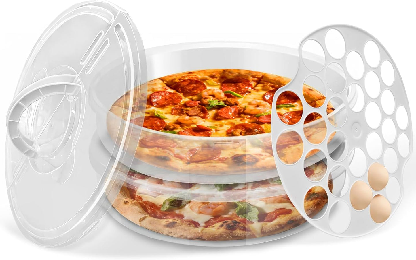 Pizza Storage Container Set, Reusable Pizza Container for Leftover Pizza, Pie Carrier with Lid and Handle, Pie Storage Container & Pie Holder(2/3 Pack + Egg Tray) (2 containers with egg tray)