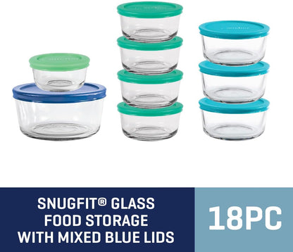 Anchor Hocking 12 Piece Glass Storage Containers with Lids (6 Glass Food Storage Containers & 6 Navy Blue SnugFit Lids)
