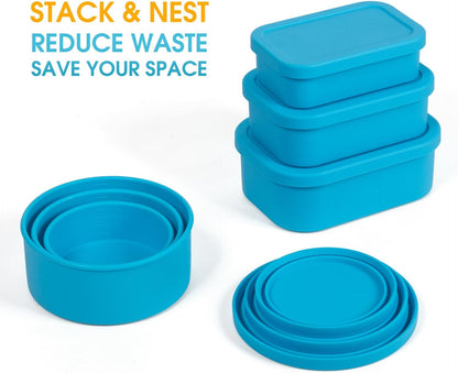 100% Silicone Food Storage Containers with Lids, 8 Pack, 10oz to 51oz, Reusable Leakproof Nesting & Stackable Silicone Bento Lunch Box, Microwave Freezer Dishwasher Oven Safe, BPA Free, Slate Green
