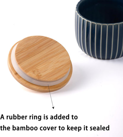 Salt Cellar Keeper with Bamboo Lid, 14oz Big Capacity Ceramic Sugar Bowls Pepper Box, Crackle Glaze Seasoning Container Condiment Pot for Kitchen (Blue Color)
