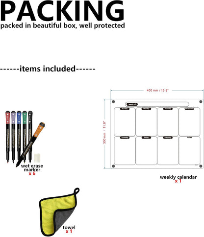 Acrylic Magnetic Calendar for Fridge, Set of 2 Clear Dry Erase Calendar Reusable Planning Boards Monthly & Weekly Black, with Wet Erasable Markers 16" x 12" inches