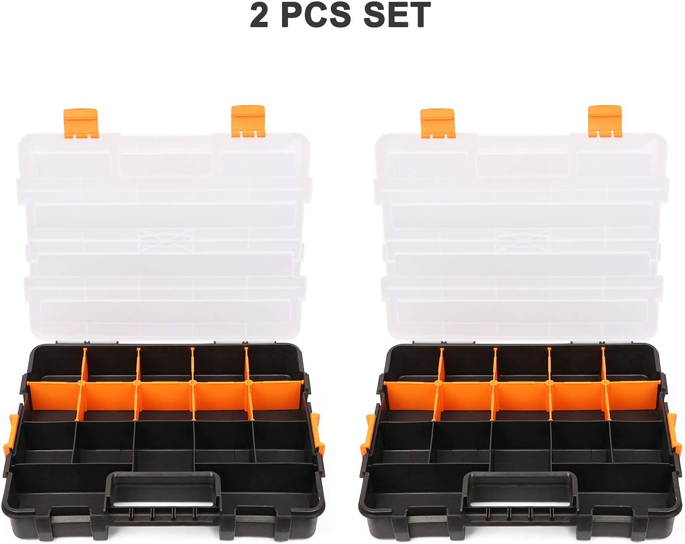 Makitoyo Tool Box Organizers, Interlocking Black Small Parts Organizer for Fasteners, Parts and Crafts w/Removable Dividers, 2 Pieces Pack, Black & Orange,15”L×11.6”W×2.6”H