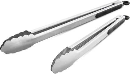 304 Stainless Steel Kitchen Cooking Tongs, 9" and 12" Set of 2 Sturdy Grilling Barbeque Brushed Locking Food Tongs with Ergonomic Grip, Black