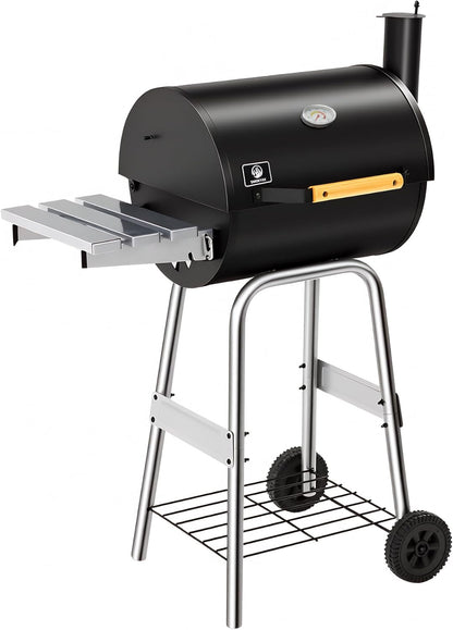 Barrel Charcoal Grill, Outdoor BBQ Smoker, 737 Sq. In. Cooking Area, Adjustable Charcoal Pan, Warming Rack, Front & Side Table, Storage Shelf, Enameled Steel Wire, Backyard, Patio (Large)