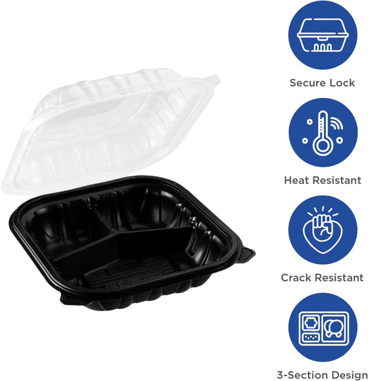 Karat Premium PP Hinged Container [150 ct], Take Out Food Containers - Case (9"x9", 3 compartments)