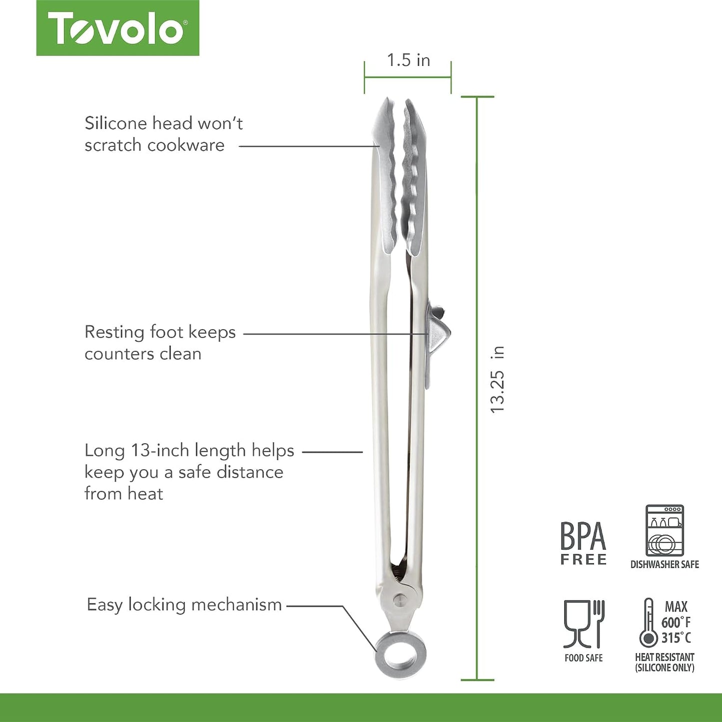 Tovolo Tongs With Silicone Tips Easy Grip 13” Long Kitchen Tongs Stainless Steel Handle For Cooking BBQ, Non Scratch Heat Resistant Locking Metal Silicone Tipped Dishwasher Safe BPA Free, Black