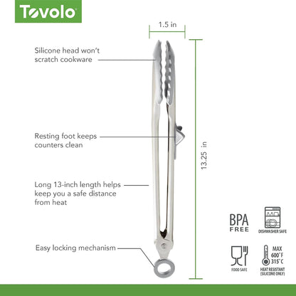 Tovolo Tongs With Silicone Tips Easy Grip 13” Long Kitchen Tongs Stainless Steel Handle For Cooking BBQ, Non Scratch Heat Resistant Locking Metal Silicone Tipped Dishwasher Safe BPA Free, Black