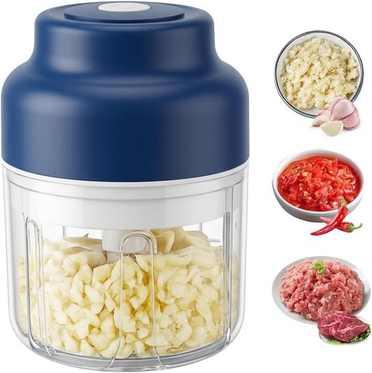 350ML Mini Electric Garlic Chopper, Mini Portable Veggie Chopper USB Charging Wireless Food Processor, Upgrade Electric Mini Garlic Chopper Set Wireless Veggie Grinder (Blue)