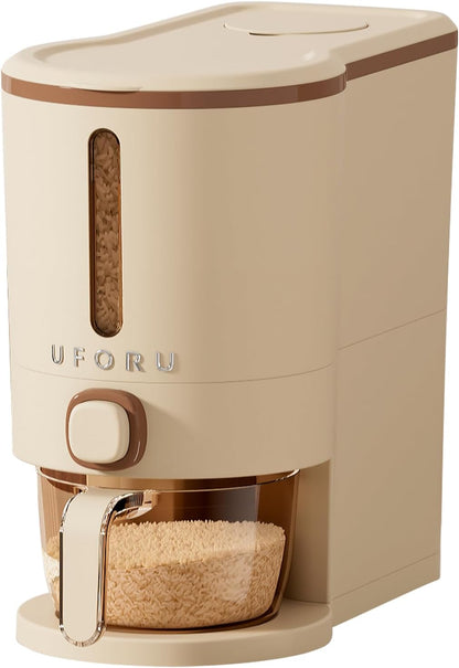 UFORU Rice Dispenser, Rice Storage Container with Measuring Cup for Kitchen Pantry Household, Dry Food Storage Containers Airtight, Sealed Moisture Proof (White 13Lbs)
