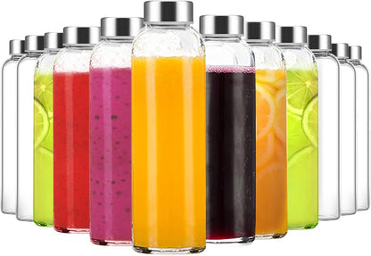 Clear Glass Bottles with Lids 18 oz, Reusable Glass Water Bottles with Stainless Steel Cap for Refrigerator, Juicing, 100% Leak Proof, BPA Free, Juice Bottle Drinking Jar Containers Set of 6