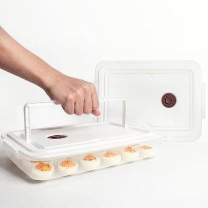 77L Deviled Egg Containers with Lid, (Set of 2), Plastic Deviled Egg Carrier with Handle for 48 Eggs, Clear Storage Devil Egg Platter, Fridge Portable Egg Tray (White)
