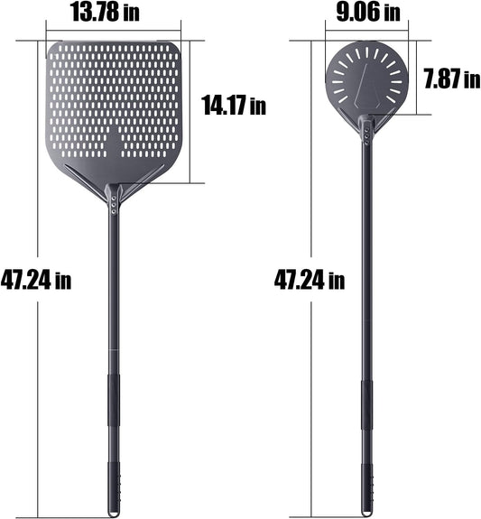 2 Piece Pizza Peel Set, 14 Inch Perforated Aluminum Pizza Peel with Long Handle, 9 Inch Round Turning Pizza Peel, Pizza Oven Utensil Kit for Homemade Pizza