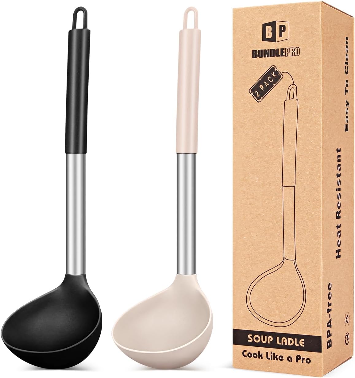 Pack of 2 Ladle Spoon,Silicone Large Spoon for Soup,Non Stick Kitchen Utensils with High Heat Resistant,BPA Free Perfect Kitchen Tools for Cooking, Stirring,Serving Soups (BLACK-WHITE)