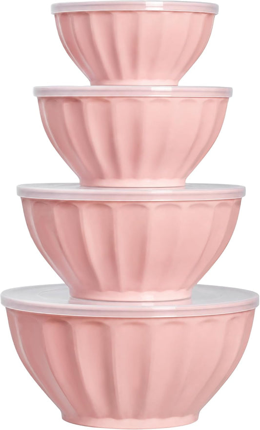 BoxedHome BPA Free Plastic Round Mixing Bowl with Lids, 12 Pack Nesting Bowls with Lids Set, Microwave and Dishwasher Safe Prep & Serving Bowls Great for Mixing, Baking, Serving (pinkish green, 12pcs)