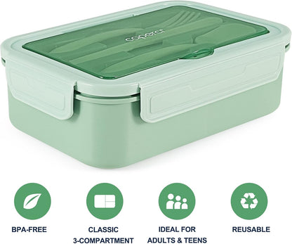 Caperci Classic Bento Box Adult Lunch Box for Older Kids - Leakpoof 47 oz 3-Compartment Lunch Containers for Adults and Teens, Built-in Utensil Set, Ideal for On-the-Go Balanced Eating,Khaki Green