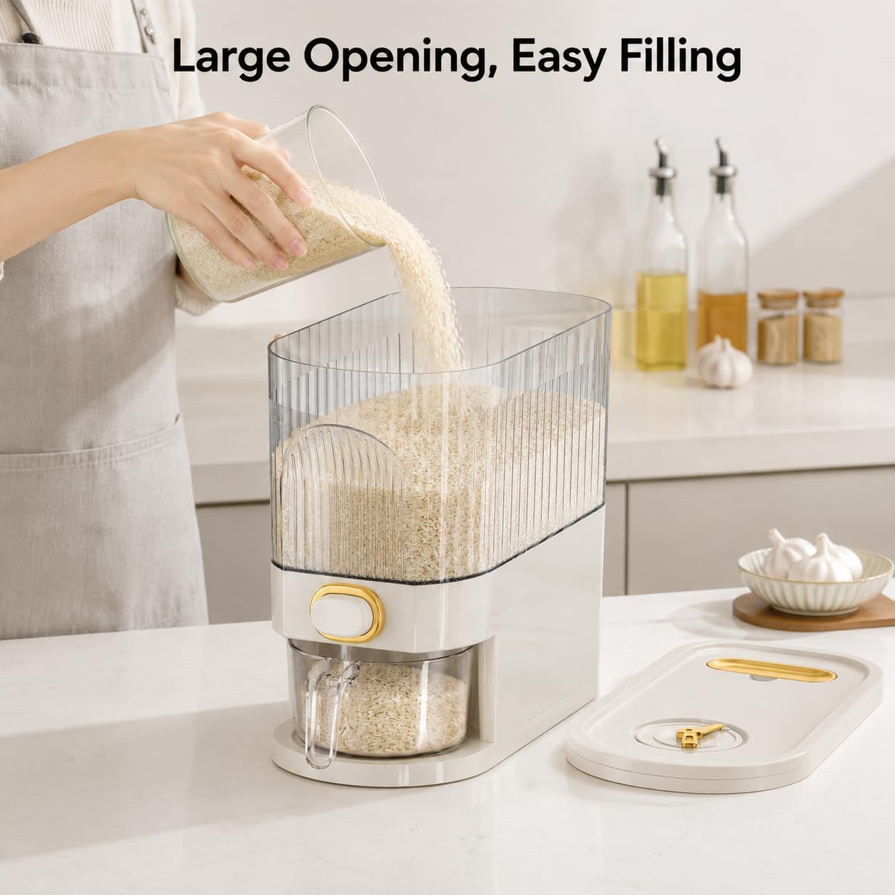 22-Pound Transparent High-Capacity Rice Bin Features a Lid, Time Scale, and Measuring Cup，a Sealed Moisture Proof Grain Storage Container Suitable for Storing Rice, Corn, and More. (22, Pounds)