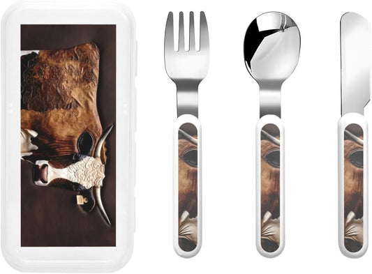 3-Piece Children Utensils Set Cow in brown leather Knife Spoon Fork Set Stainless Steel Silverware Set Easy-Grip Reusable Utensils Set Child Flatware Set with Case for Lunch Travel