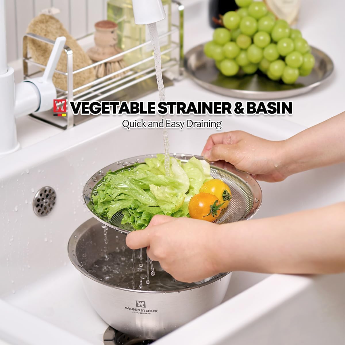 WAGENSTEIGER 3-Piece Stainless Steel Mixing Bowl Set with Strainer & Oil Drain Tray – Nesting Prep & Baking Bowls with Measurement Marks (9.45 in)