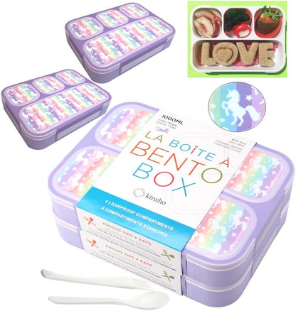 Bento Lunch Box for Kids or Adults, Snack Containers for Boys, Girls, School Daycare Work, 3 Divided Compartments Meal Planning Portion Control, BPA-Free Boxes, Utensils | Blue Purple 2 pack