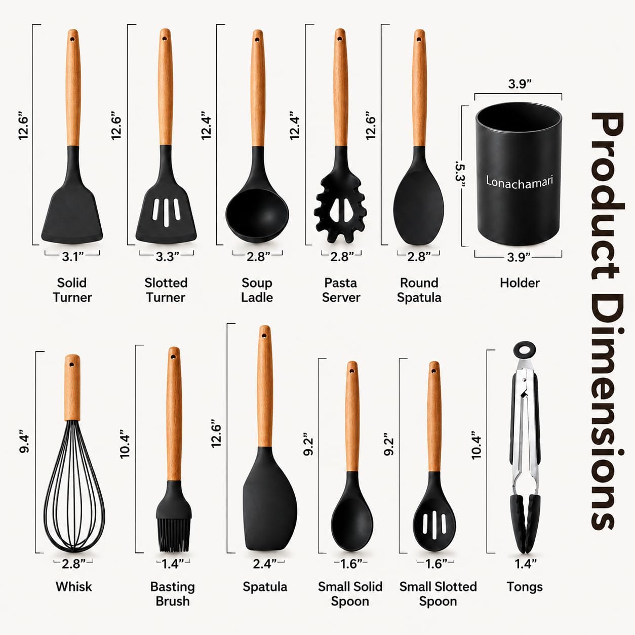 Silicone Kitchen Utensils Set of 12 – Cooking Spoons for Nonstick Cookware, Silicone Spatula Set for Cooking, Rust free, Tongs, Whisk,Turner & Brush - Heat Resistant 446°F - By Lonachamari