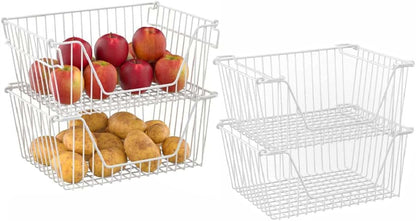 Stackable Wire Metal Baskets Sturdy Cabinet Organizer Wire Pantry Freezer Bin with Handle for Kitchen Fruit Vegetable Organization, Black, 3Packs
