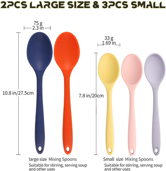 Silicone Spoons Set of 5,Mixing Spoons for cooking,Heat Resistant Spoons, Mixing Spoons for Kitchen Cooking Baking Stirring Mixing Tools (2pcs Large & 3pcs small)