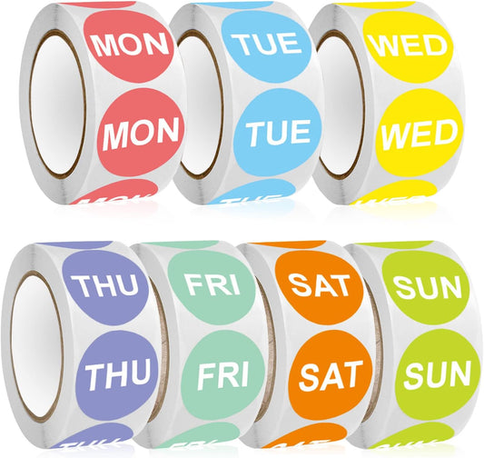 3500PCS 7-Day of the Week Sticker, 1" Round Day Dot Food Rotation Labels - Removable Date Stickers for Food Containers 7 Rolls Self Adhesive(500 Labels/Roll)