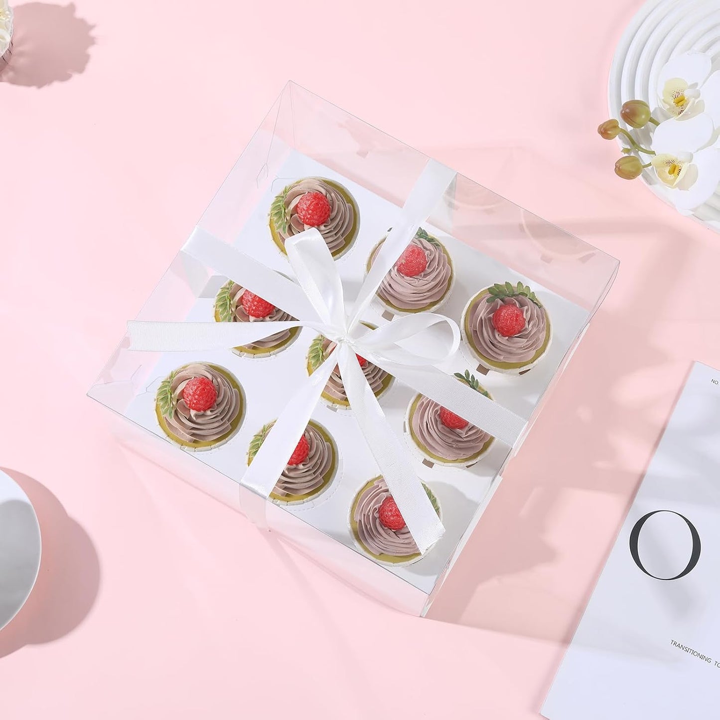 JCD 4 Pack Clear Cupcake Boxes, Plastic Cupcake Containers with Gift Ribbon, 5.5inches height Holder 6 Count Cup Cake Boxes for Parties, Baking, Wedding, Transport (6count/4pcs)