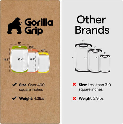 GORILLA GRIP BPA-Free Reversible Kitchen Cutting Board Set of 3, US Designed, Nonporous, Juice Grooves Catch Liquid, Slip Resistant Border, Dishwasher Safe, Durable Large Food Chopping Boards, Black