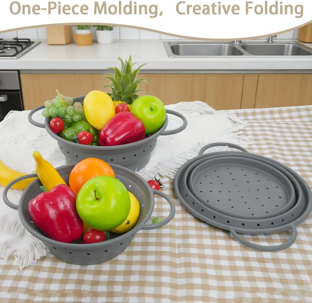 CEYAZYE Collapsible Colander Set of 3, Silicone Space-Saving Foldable Kitchen Pasta Strainer, Heat-Resistant Fast Draining Basket with Non-Slip Base and Handles, Food Strainer for Fruit, Vegetables