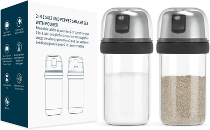 KTCHENDAO 2 in 1 Glass Salt and Pepper Shaker with Side Pour Spout, Built-in Lid for Moisture-proof, Elegant Borosilicate Glass Salt Pepper Dispenser set for Kitchen, BPA Free, 4oz (White)