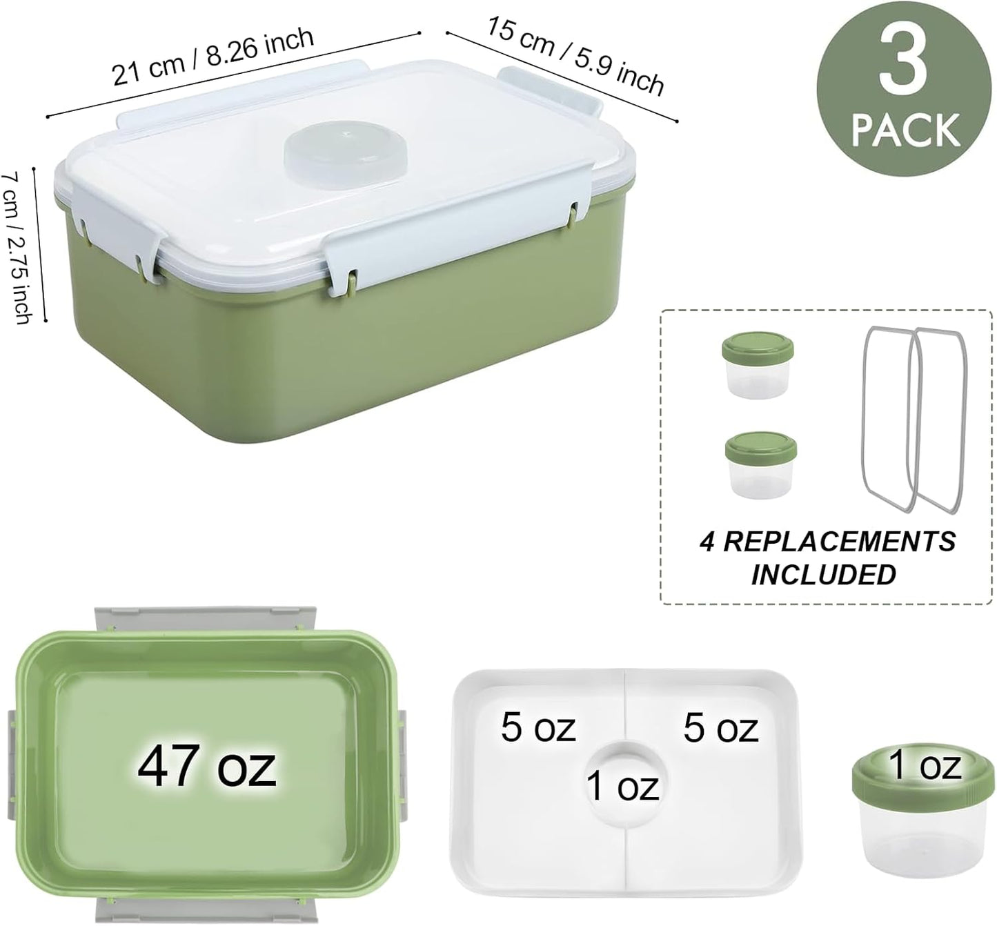 3 Pack Salad Lunch Box Food Storage Containers, 47oz Bento Box To Go Container with Lids, Reusable Meal Prep Containers with Removable Tray & Dressing Pots for Kids and Adults, Microwave Safe