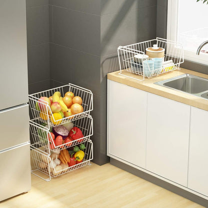 PUSDON 4-Tier Spacious Stackable Wire Storage Baskets with Wheels, Metal Rolling Utility Cart Organizer, Fruit and Vegetable Produce Basket for Kitchen Pantry, Everyday Bathroom Shelf, Silver Grey
