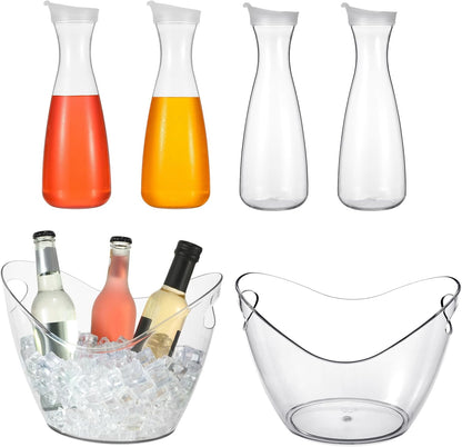 Funnymoom 6 Pcs Acrylic Ice Bucket for Parties 4l Oval Beverage Tub 47 oz Plastic Water Carafes with Lids Plastic Pitcher for Champagne Beer Wine Cocktail Iced Tea Pool Party(Clear)