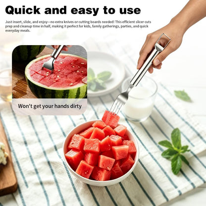 Watermelon Slicer 4pcs 2-in-1 Foldable Stainless Steel Fruit Cutter & Fork, Suitable For Watermelon, Mango,Pineapple, And Other Fruits That Need To Be Cut Into Chunks