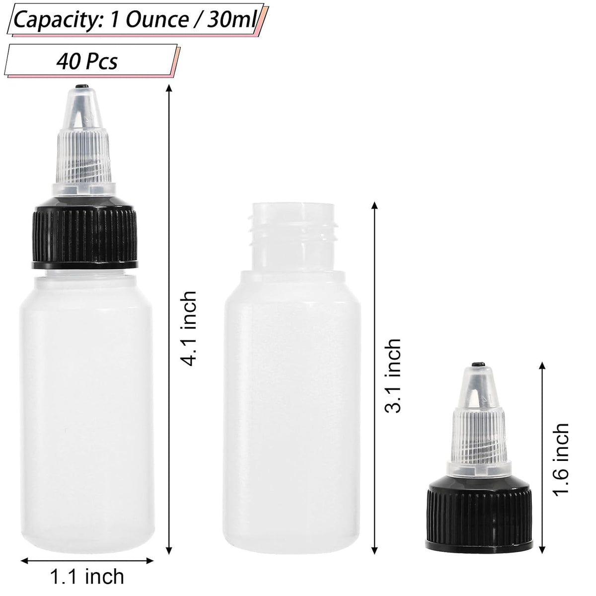 Bekith 40 Pack 1oz Dispensing Bottles, Boston Round HDPE Plastic Bottle with Twist Top Cap, Empty Plastic Squeeze Bottle
