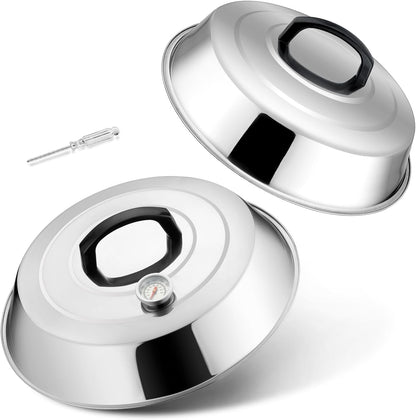 HaSteeL Cheese Melting Dome Set of 2, 12 Inch Round Basting Cover Metal Steam Cover, Stainless Steel Griddle Accessories for Flat Top Grill/Outdoor BBQ/Kitchen Cooking