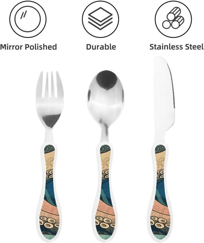 3-Piece Kids Silverware Set With Storage Case, Stainless Steel Reusable Children Safe Knife Spoon Fork Set Airplane Sunset Children Flatware Set For Kids Lunch Box