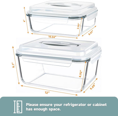 KOMUEE 2 Pack 220oz+76.4oz Extra Large Glass Food Storage Containers Set with Airtight Lids, Big Glass Meal Prep Containers, Ideal for Storing Rotisserie Chicken, Lasagna,Salads, Leak-proof & BPA-Free