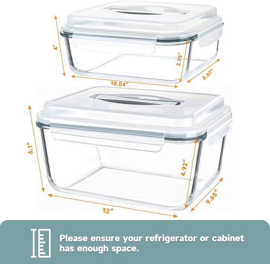 KOMUEE 2 Pack 220oz+76.4oz Extra Large Glass Food Storage Containers Set with Airtight Lids, Big Glass Meal Prep Containers, Ideal for Storing Rotisserie Chicken, Lasagna,Salads, Leak-proof & BPA-Free