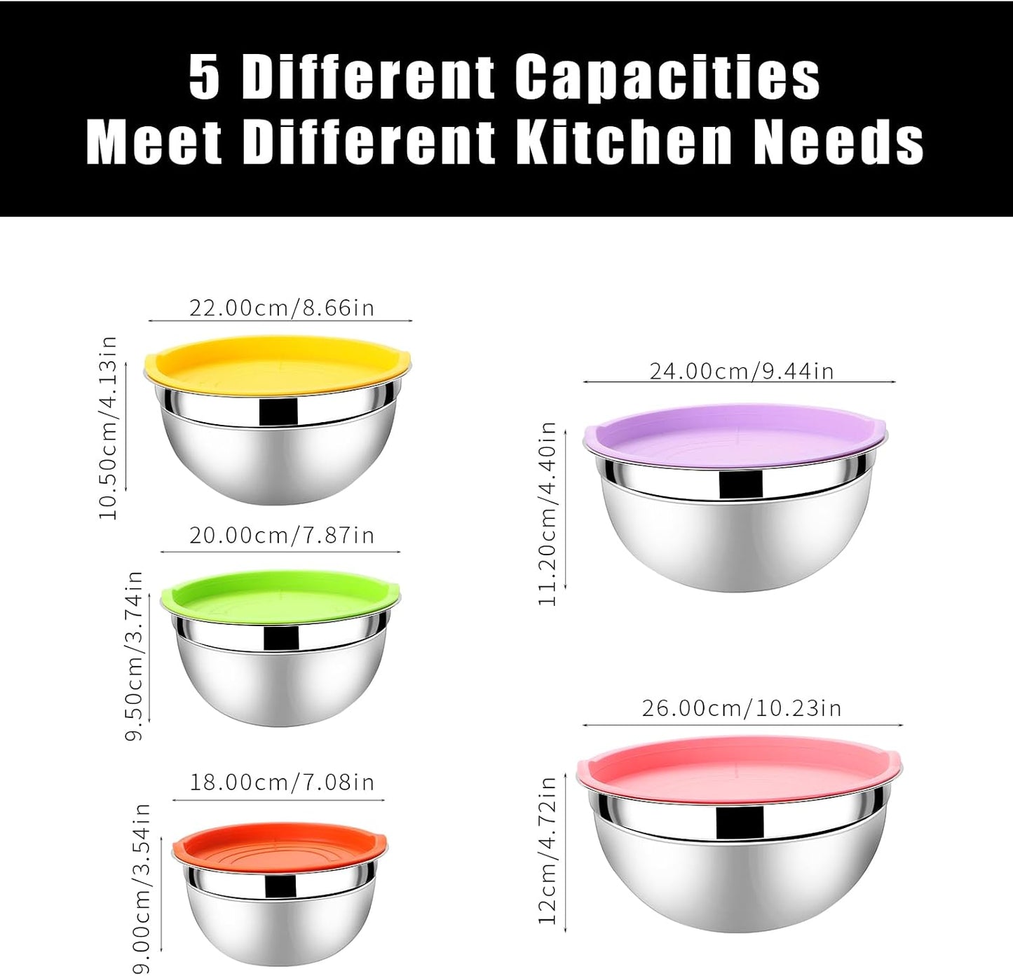 Lazycorner Stainless Steel Mixing Bowls with Airtight Lids Set of 7 Stainless Steel Bowls Set with 3 Grater Attachments Great for Serving & Baking