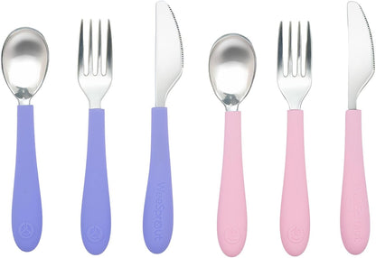 Kids Stainless Steel Utensils Set - Premium 18/8 Grade Silverware Kit - 2 Spoons, 2 Forks, and 2 Knives for Ages 4-7 - Silicone Easy-Grip Handles - Children Flatware Cutlery (Matte - Pink, Off White)