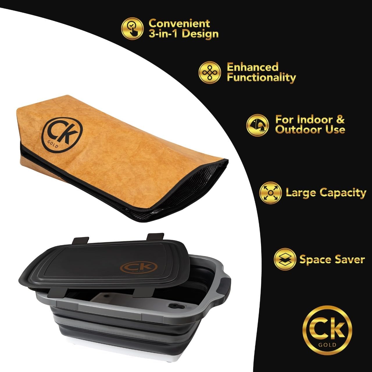 New Extra LARGE Collapsible BBQ Prep Tub with LOCKING LID & Meat Resting Bag - BPA Free Cutting Board with Lid, Leak Free, Strong Drain Hole for Meal Prep, Marinating, Grilling & Food Storage (Orange)
