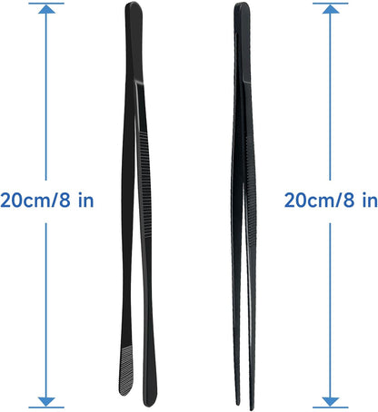 2PCS 8-Inch Kitchen Tweezers Stainless Steel Food Tongs, Culinary Plating Tweezers, Professional Chef Tweezers for Cooking Food Design (Wide Ends+Tip Ends)