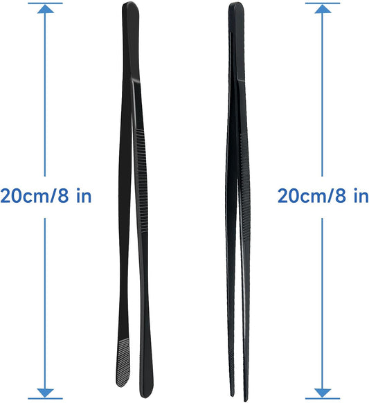 2PCS 8-Inch Kitchen Tweezers Stainless Steel Food Tongs, Culinary Plating Tweezers, Professional Chef Tweezers for Cooking Food Design (Wide Ends+Tip Ends)