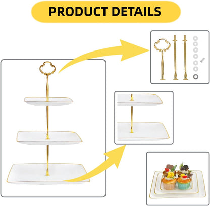 2 Pack RAUVOLFIA Plastic 3 Tier Cupcake Stand with Gold Rim, Plastic Tiered Serving Stand, Dessert Tower Tray for Tea Party, Baby Shower and Wedding, Square