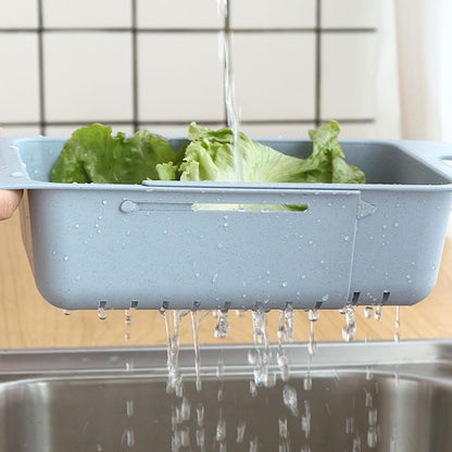Garneck Expandable over Sink Vegetable Strainer Basket, Blue Plastic Fruit Washing and Draining Colander for Kitchen Sink, Adjustable Fruit Drain Basket for Vegetable Rinsing and Drying