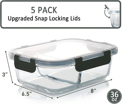 M MCIRCO 36 oz 2 Compartments Glass Meal Prep Containers set of 5 and 30Pcs Glass Food Storage Containers Set
